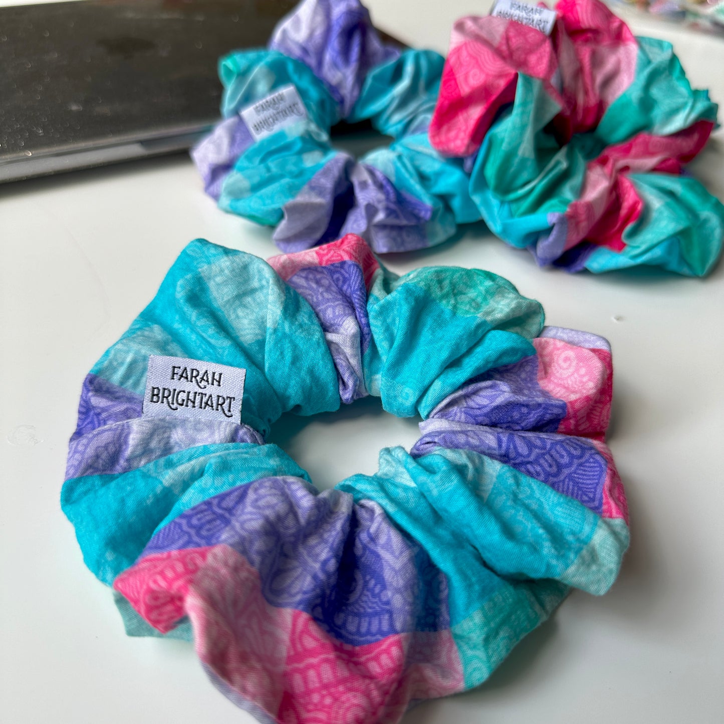 Gingham colorful mandala scrunchie - cotton scrunchie