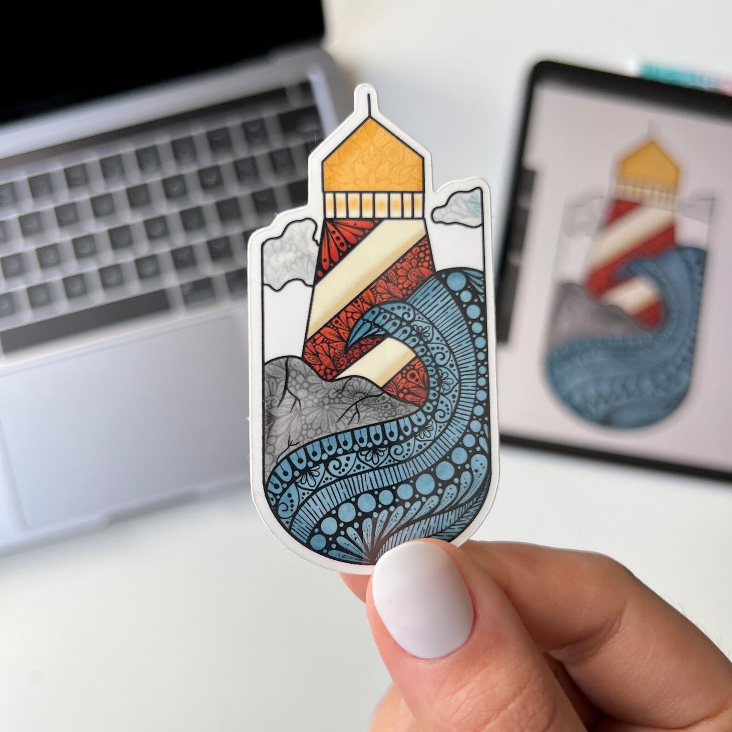 Wave and lighthouse zentangle stickers - waterproof sticker