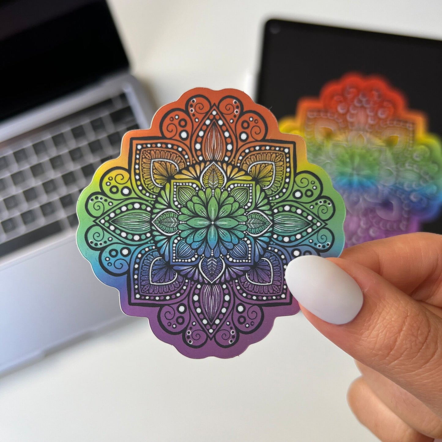 Rainbow Mandala Sticker – Holographic, Waterproof Vinyl