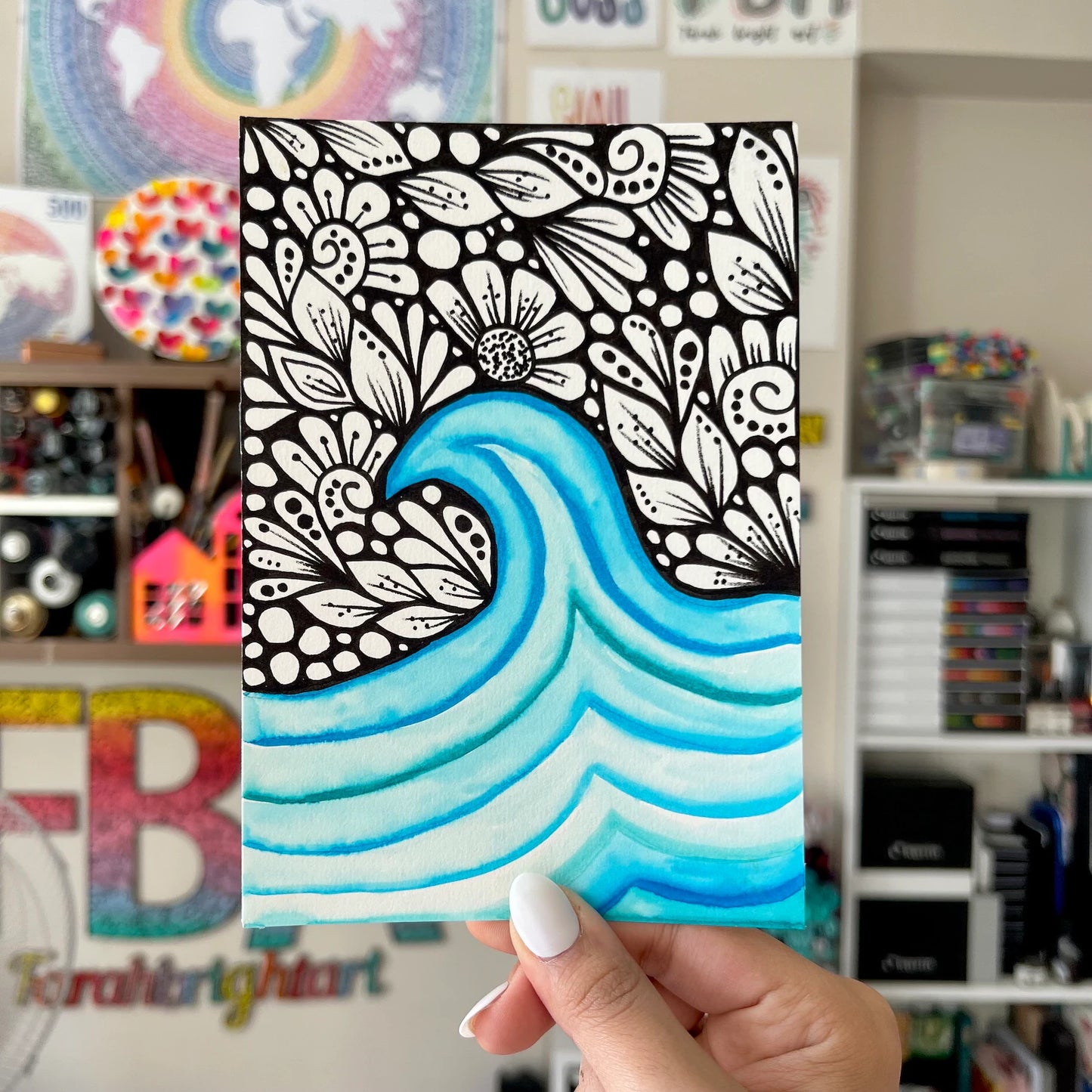 Zentangle and watercolor waves original drawing