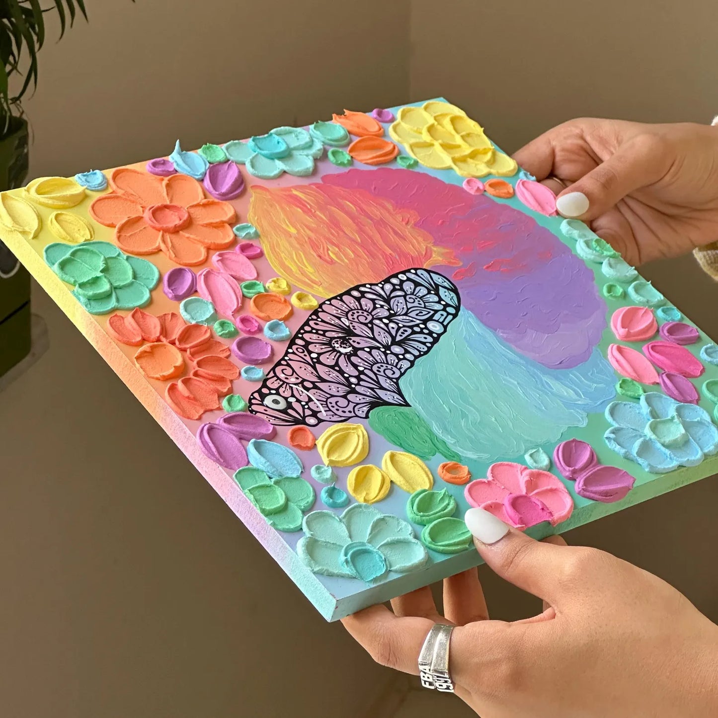 Rainbow betta fish - textured floral painting