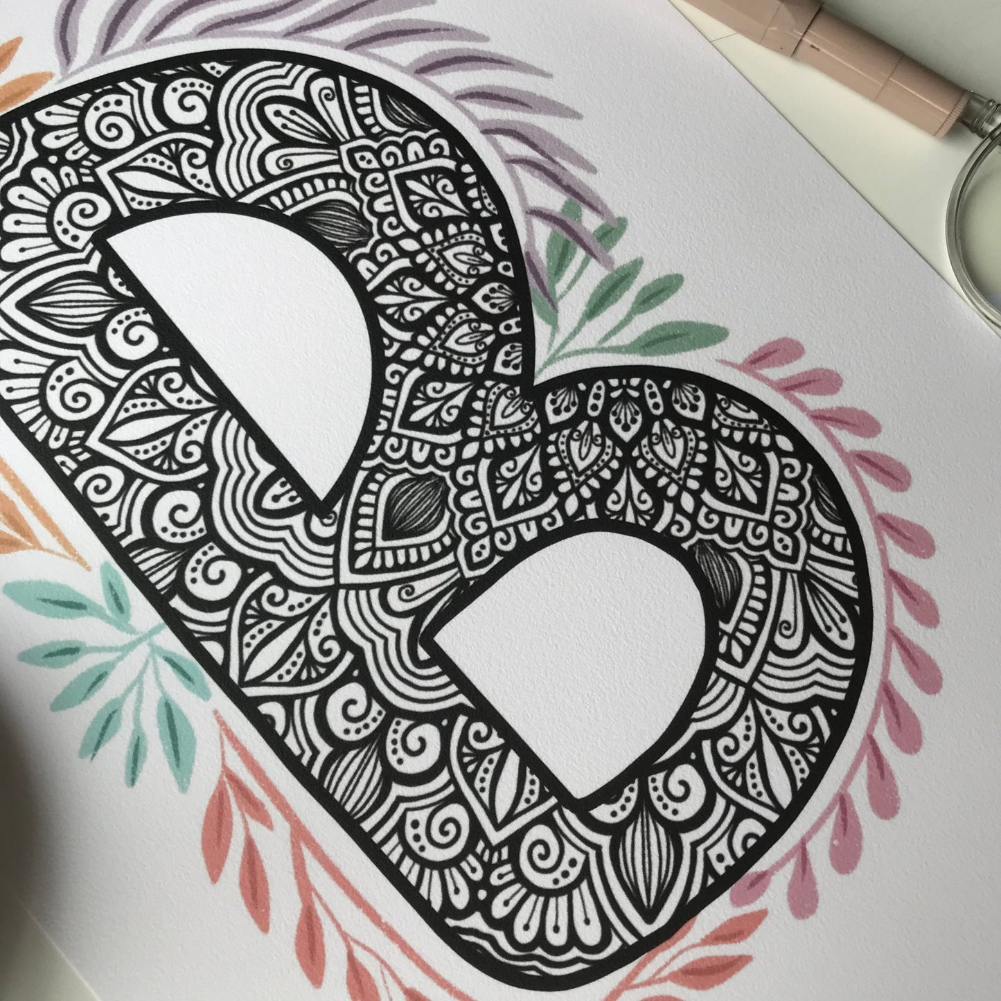 Mandala B letter with plant doodle