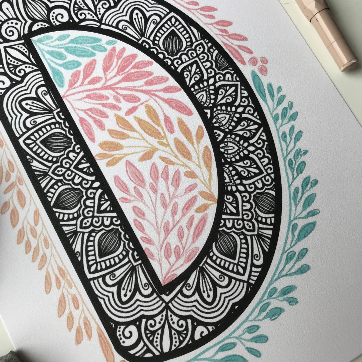 Mandala D letter with plant doodle