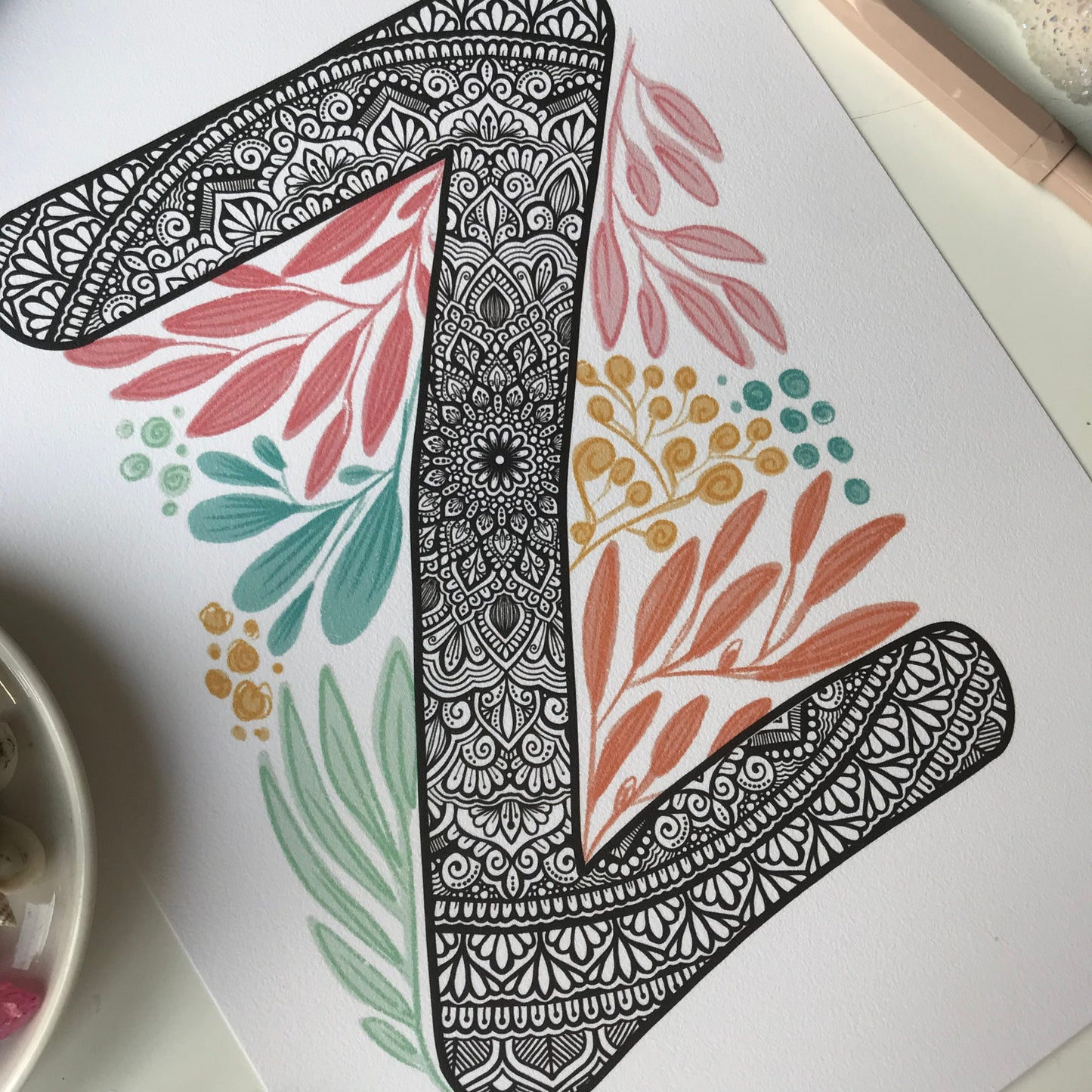 Mandala Z letter with plant doodle