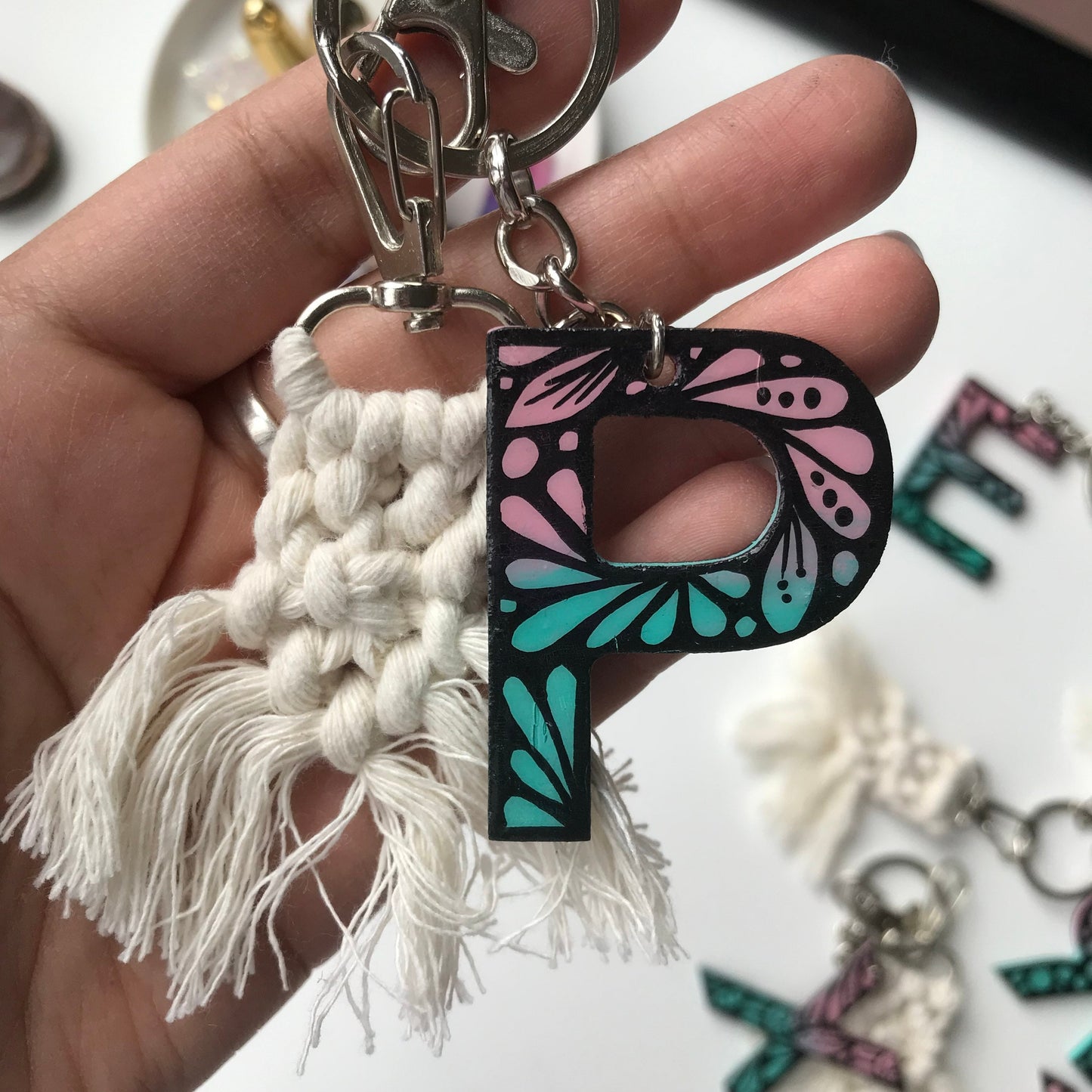 Zentangle P wooden letter keychain