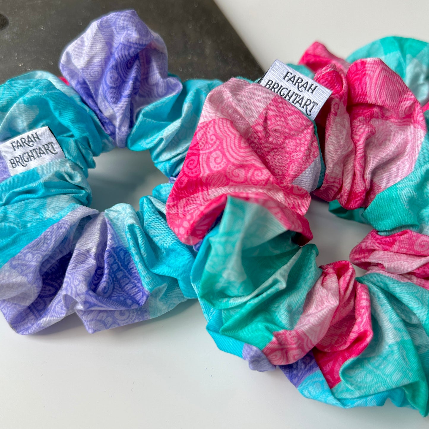 Gingham colorful mandala scrunchie - cotton scrunchie