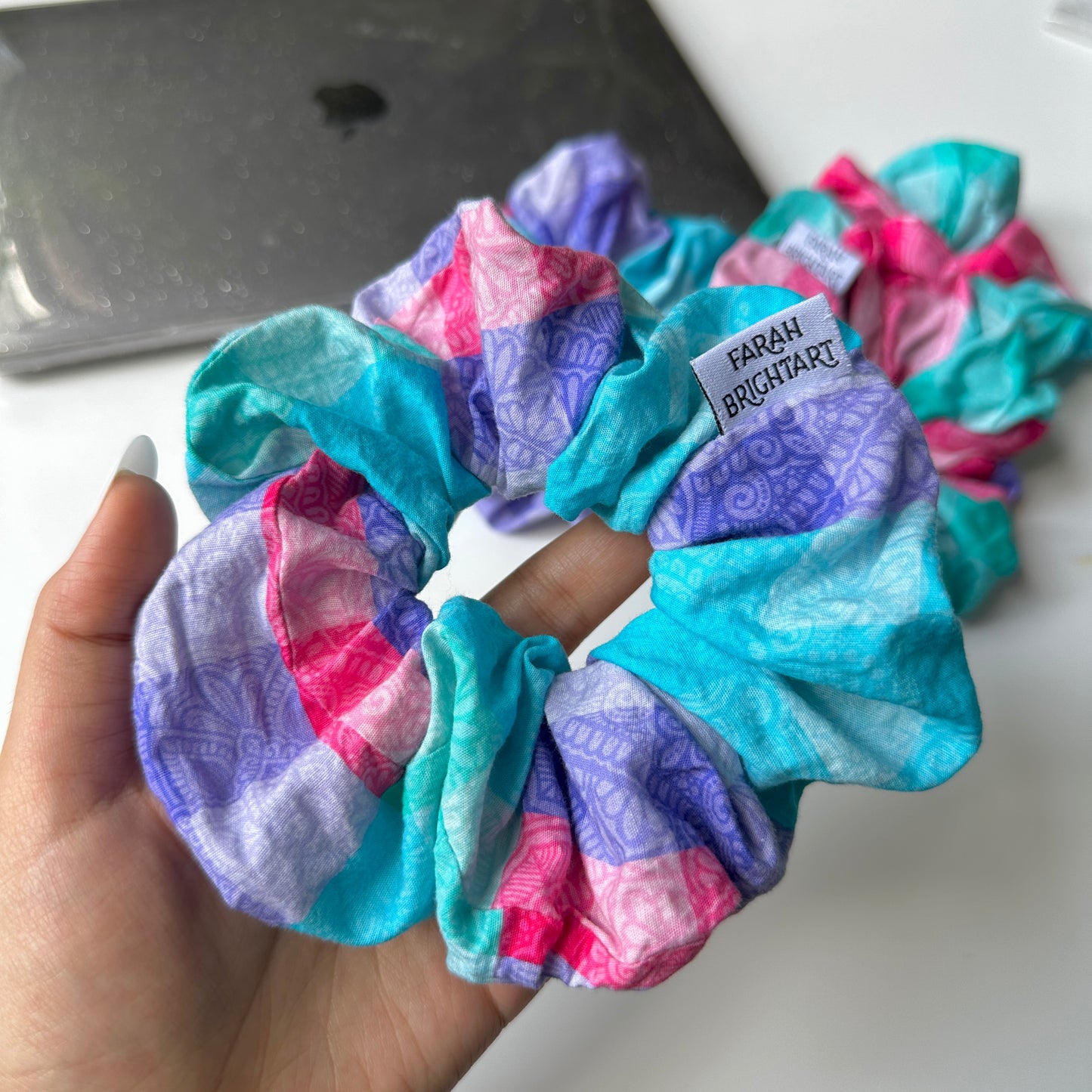 Gingham colorful mandala scrunchie - cotton scrunchie