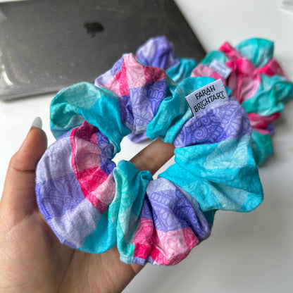 Gingham colorful mandala scrunchie - cotton scrunchie