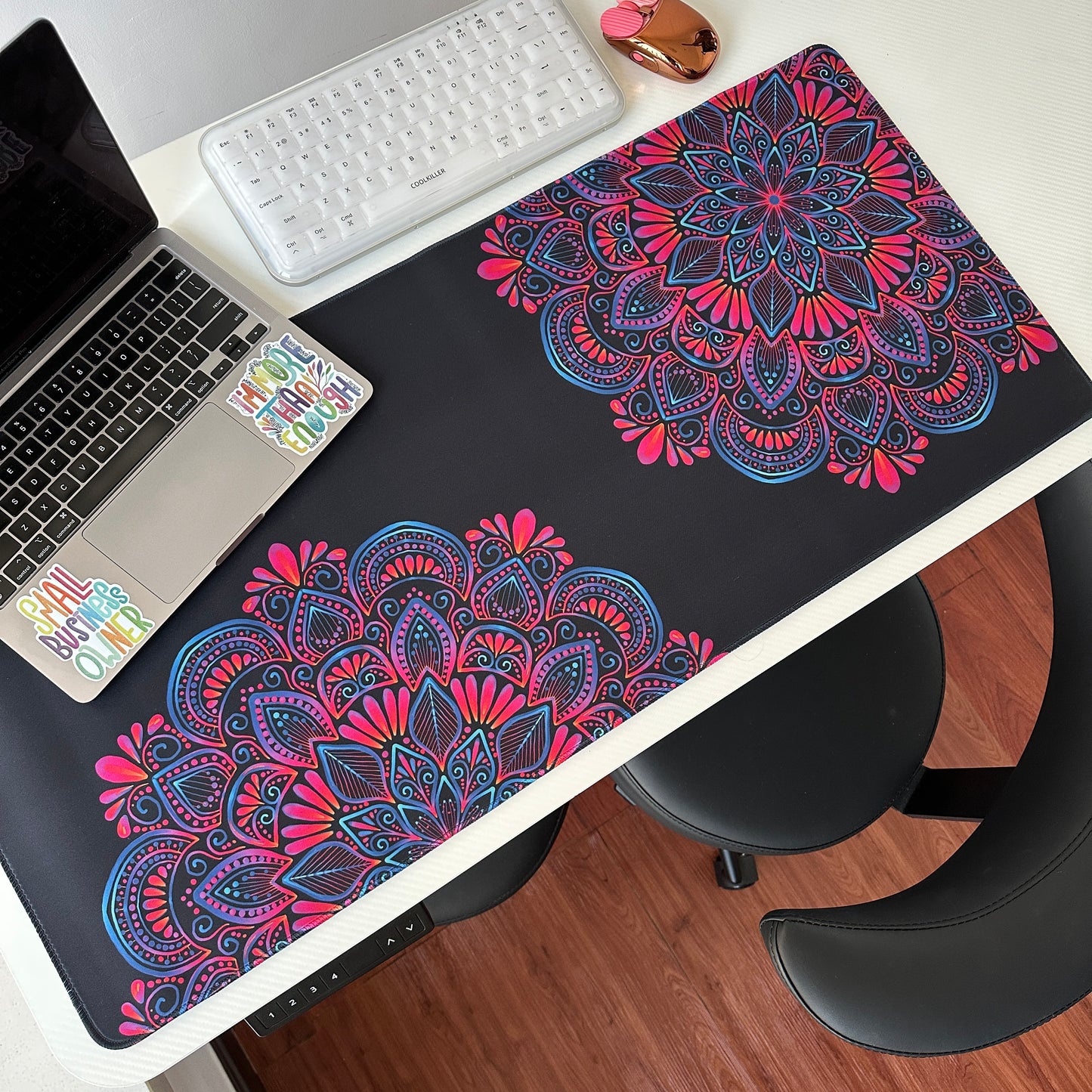 Colorful mandala with black background desk pad