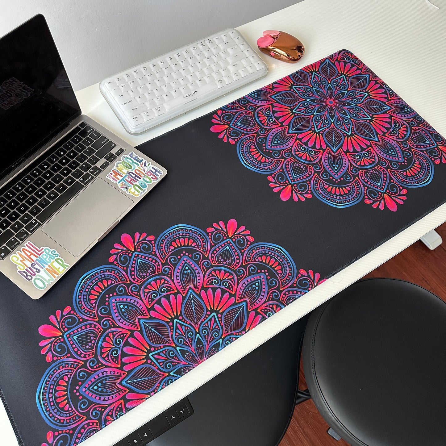 Colorful mandala with black background desk pad