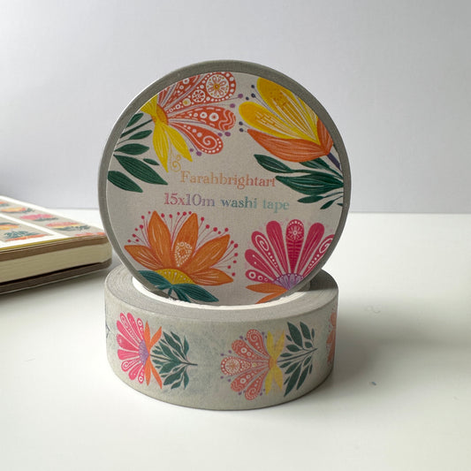 Abstract Floral Washi Tape - Mandala Sunflower Pattern (15mm)