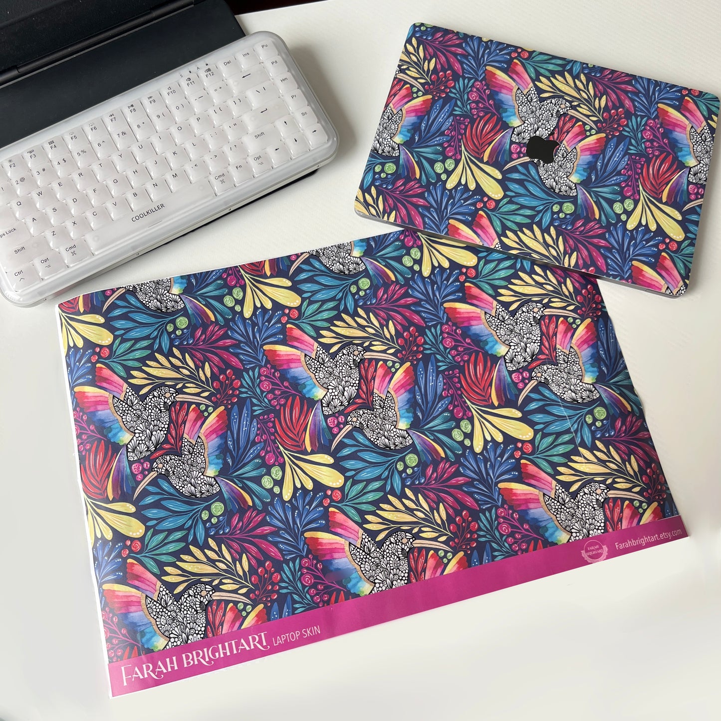 Imperfect Zentangle hummingbird Laptop Skin – Floral Laptop Decal, Waterproof Sticker