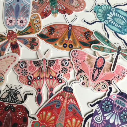 Handmade Illustrated Insect Sticker Pack, Waterproof Set of 12