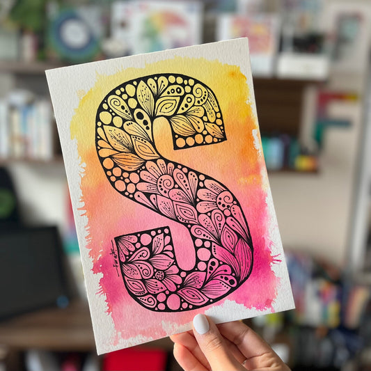 Zentangle S letter with watercolor background - wall decor - original drawing