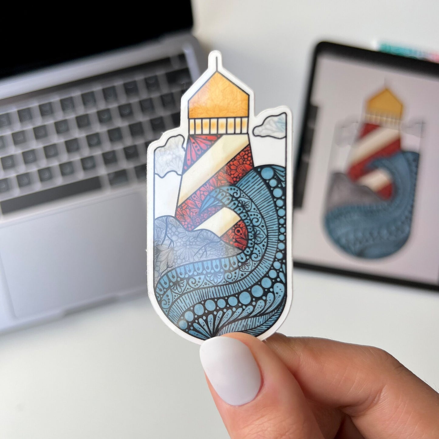 Wave and lighthouse zentangle stickers - waterproof sticker
