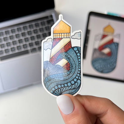 Wave and lighthouse zentangle stickers - waterproof sticker