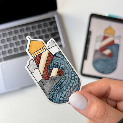 Wave and lighthouse zentangle stickers - waterproof sticker