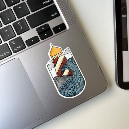 Wave and lighthouse zentangle stickers - waterproof sticker