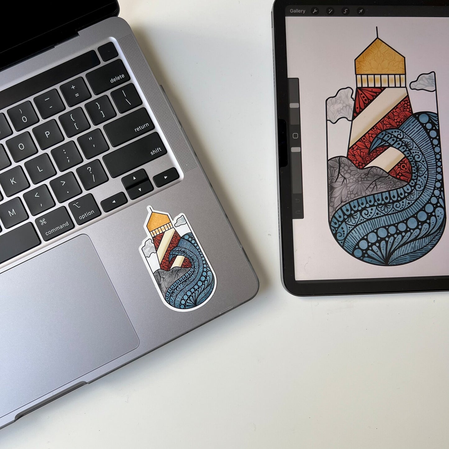 Wave and lighthouse zentangle stickers - waterproof sticker