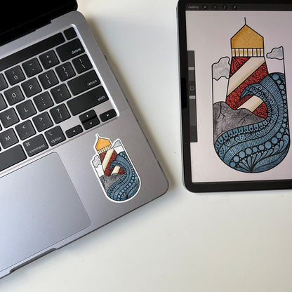 Wave and lighthouse zentangle stickers - waterproof sticker