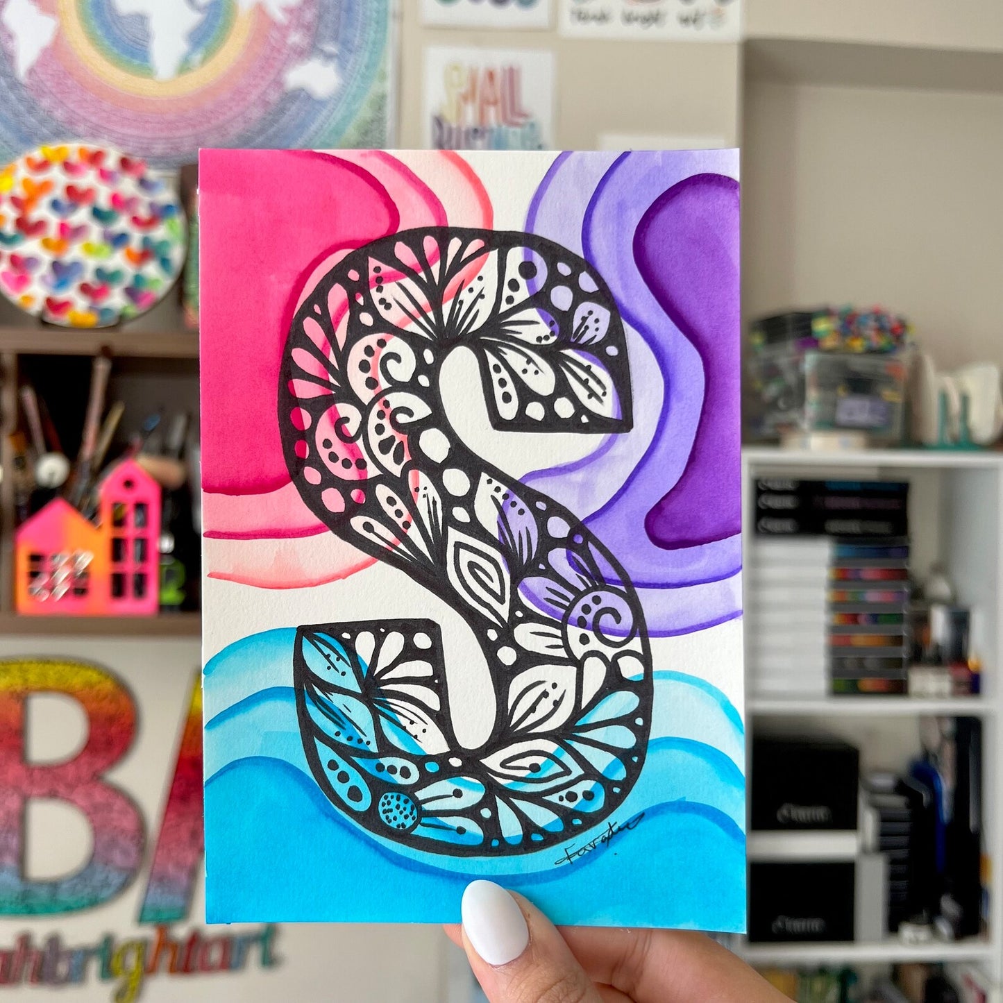 Zentangle S letter and watercolor background - original drawing