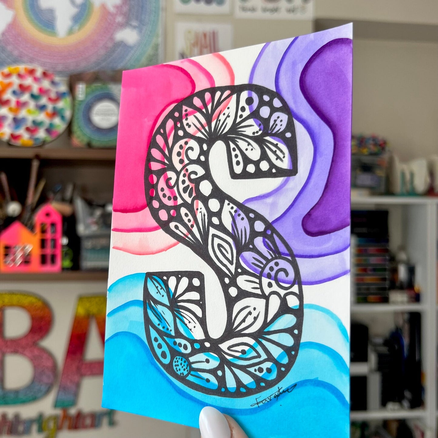 Zentangle S letter and watercolor background - original drawing