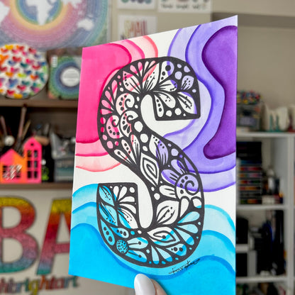 Zentangle S letter and watercolor background - original drawing