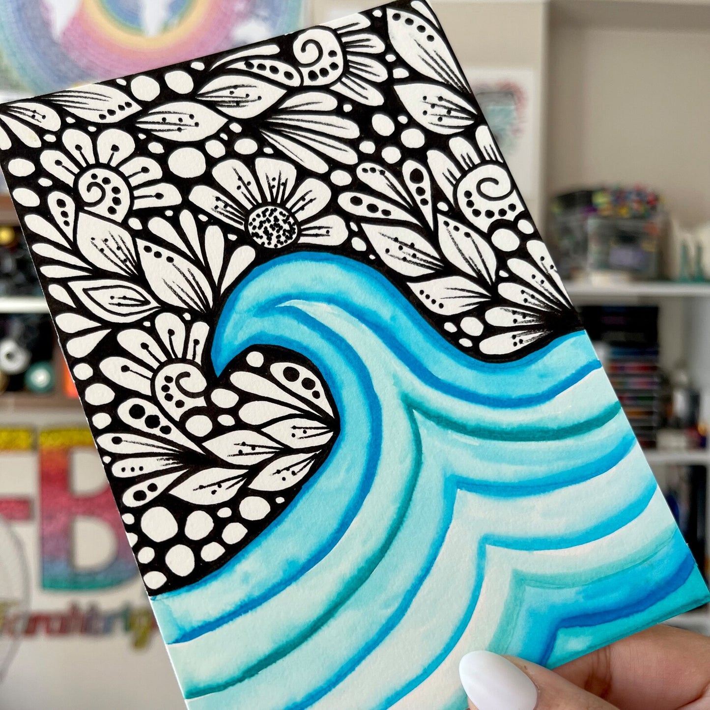 Zentangle and watercolor waves original drawing
