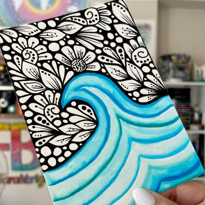 Zentangle and watercolor waves original drawing