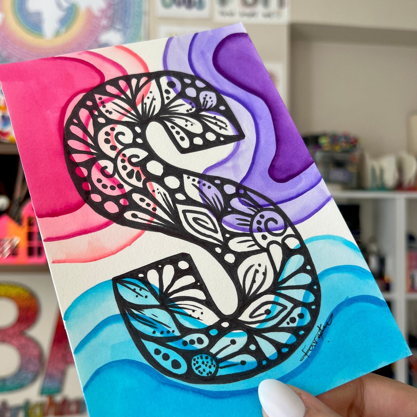 Zentangle S letter and watercolor background - original drawing