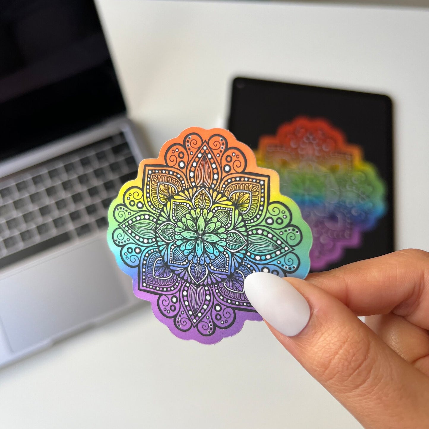 Rainbow Mandala Sticker – Holographic, Waterproof Vinyl