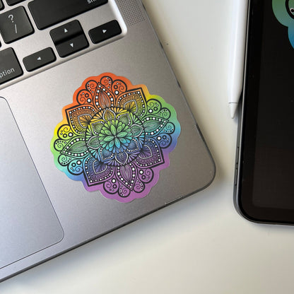 Rainbow Mandala Sticker – Holographic, Waterproof Vinyl