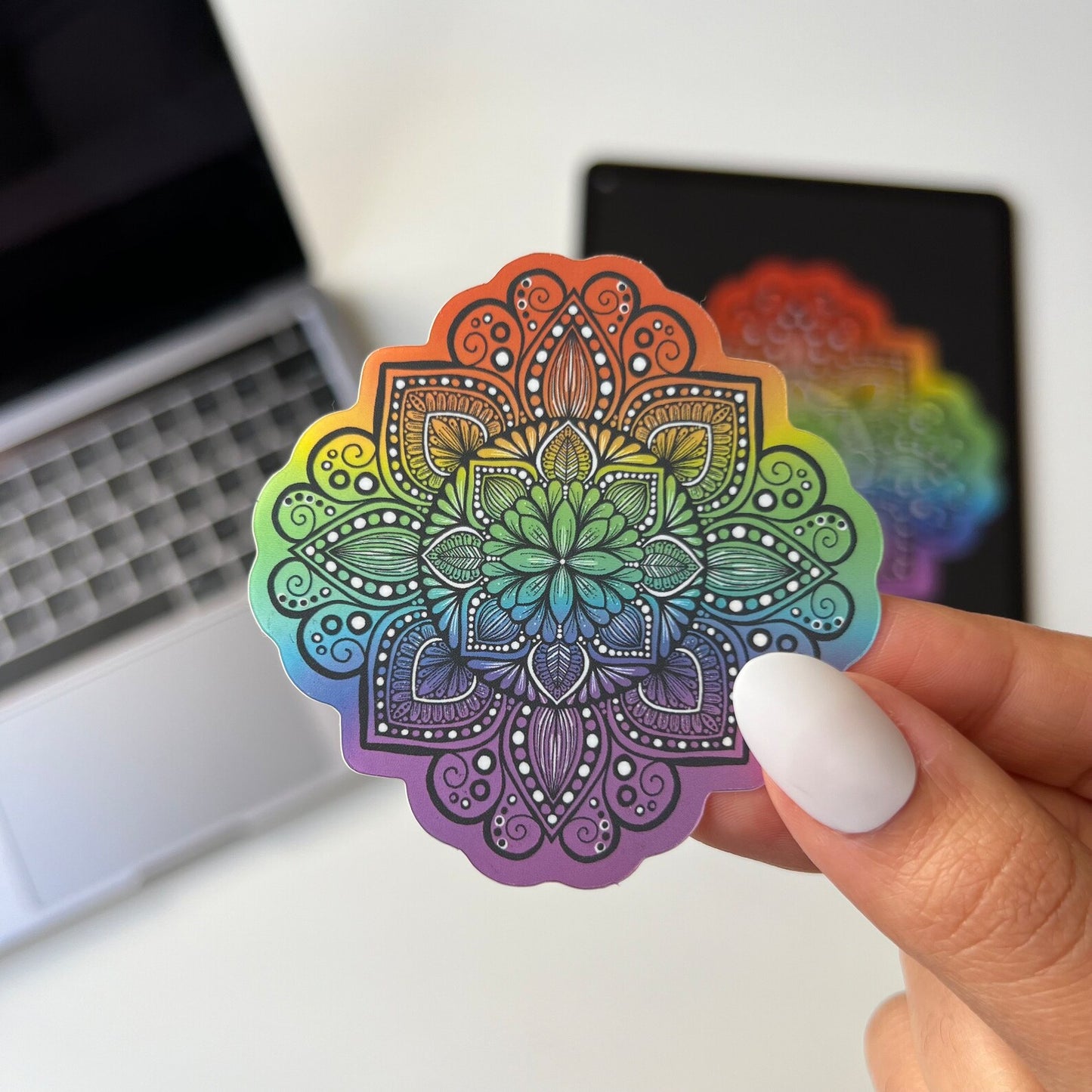 Rainbow Mandala Sticker – Holographic, Waterproof Vinyl