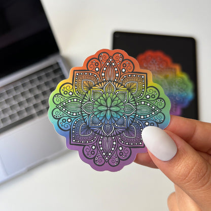 Rainbow Mandala Sticker – Holographic, Waterproof Vinyl