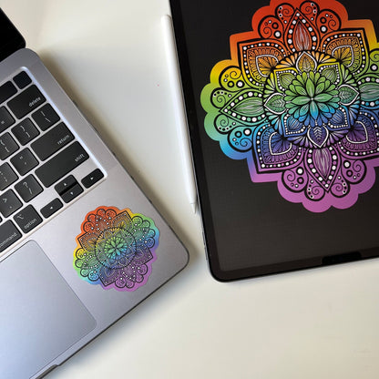 Rainbow Mandala Sticker – Holographic, Waterproof Vinyl