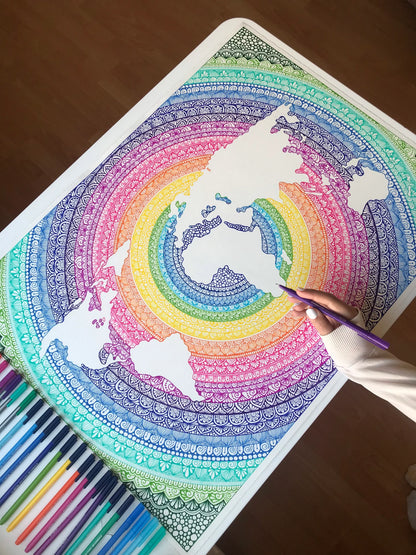 World map mandala drawing print - wall decor- world map - mandala artwork -