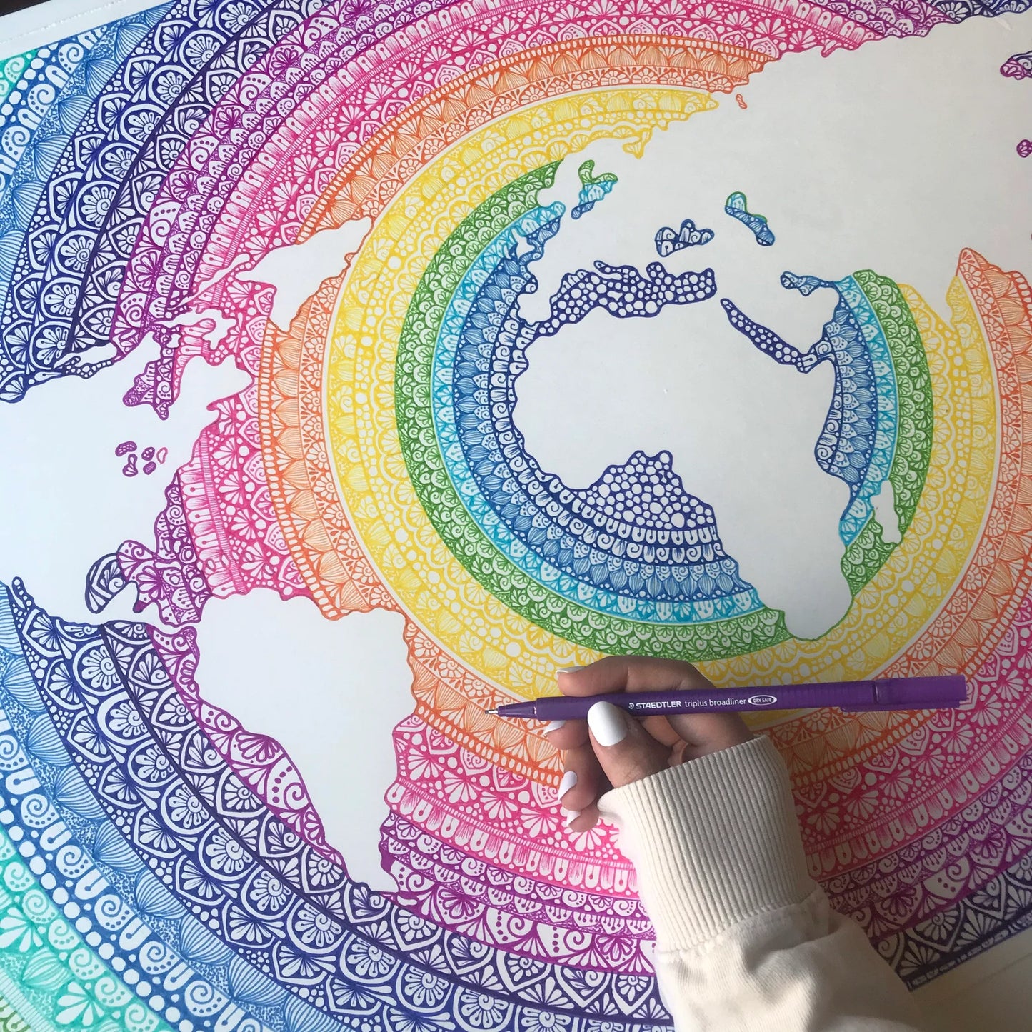 World map mandala drawing print - wall decor- world map - mandala artwork -