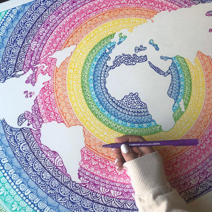 World map mandala drawing print - wall decor- world map - mandala artwork -