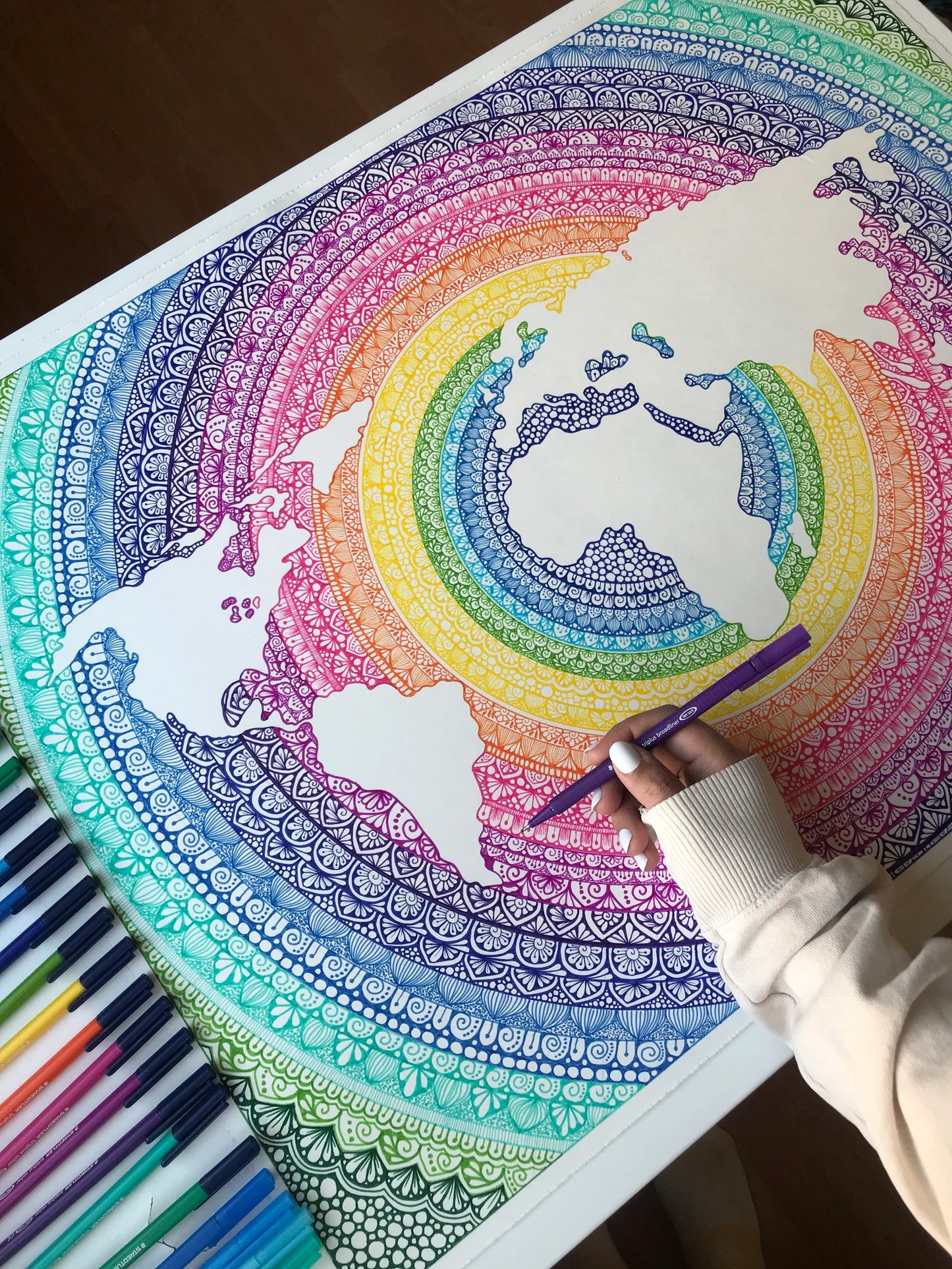 World map mandala drawing print - wall decor- world map - mandala artwork -
