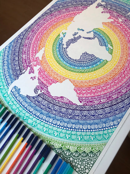 World map mandala drawing print - wall decor- world map - mandala artwork -