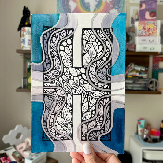 Zentangle H letter with watercolor background - wall decor - original drawing