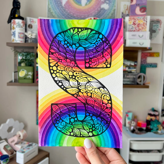 Zentangle S letter with rainbow watercolor background - wall decor - original drawing