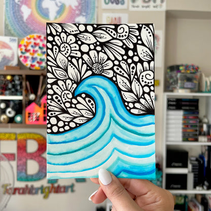 Zentangle and watercolor waves original drawing