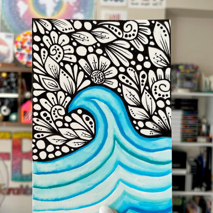 Zentangle and watercolor waves original drawing