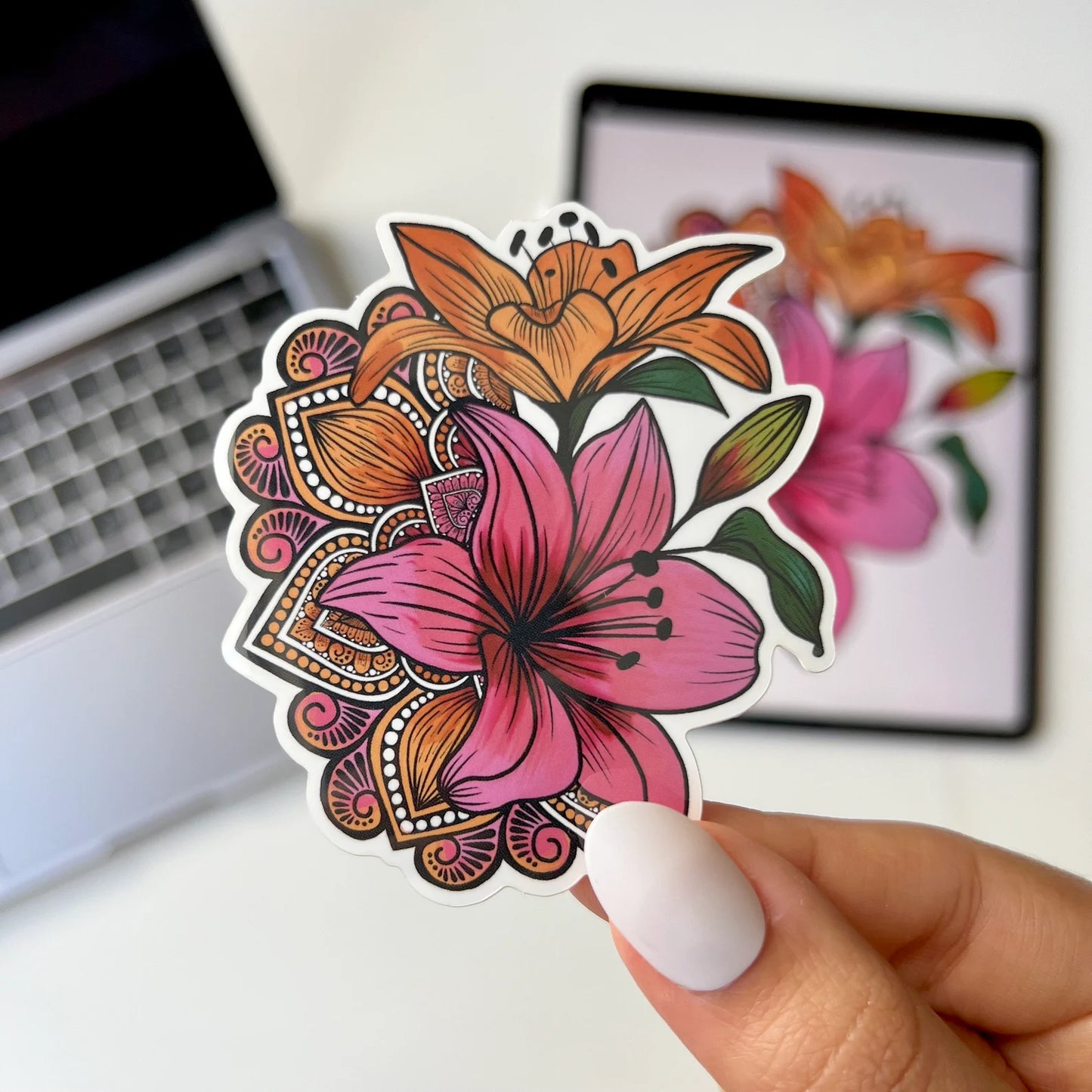 Lily Mandala Vinyl Sticker – Waterproof, Weatherproof