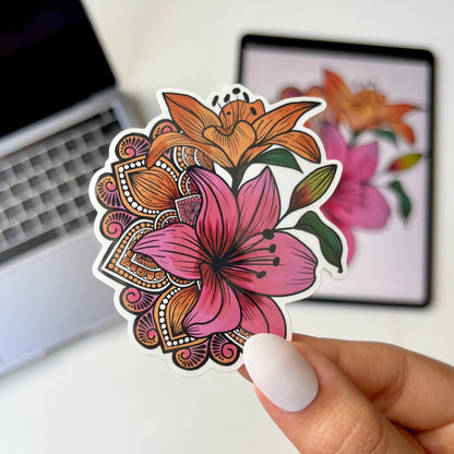 Lily Mandala Vinyl Sticker – Waterproof, Weatherproof