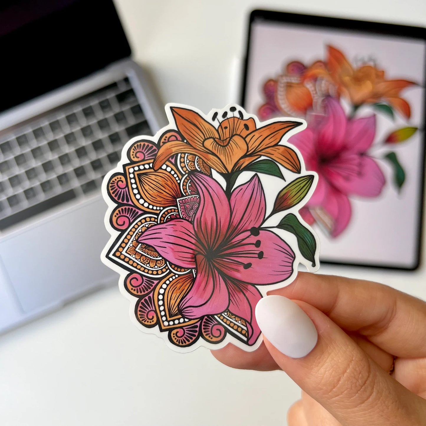 Lily Mandala Vinyl Sticker – Waterproof, Weatherproof