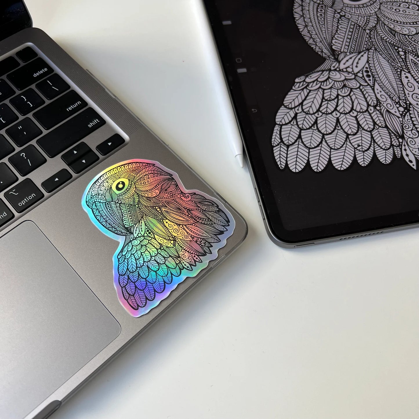 Holographic Zentangle Parrot Sticker – Waterproof Vinyl Decal