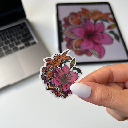 Mini mandala lily flower waterproof sticker