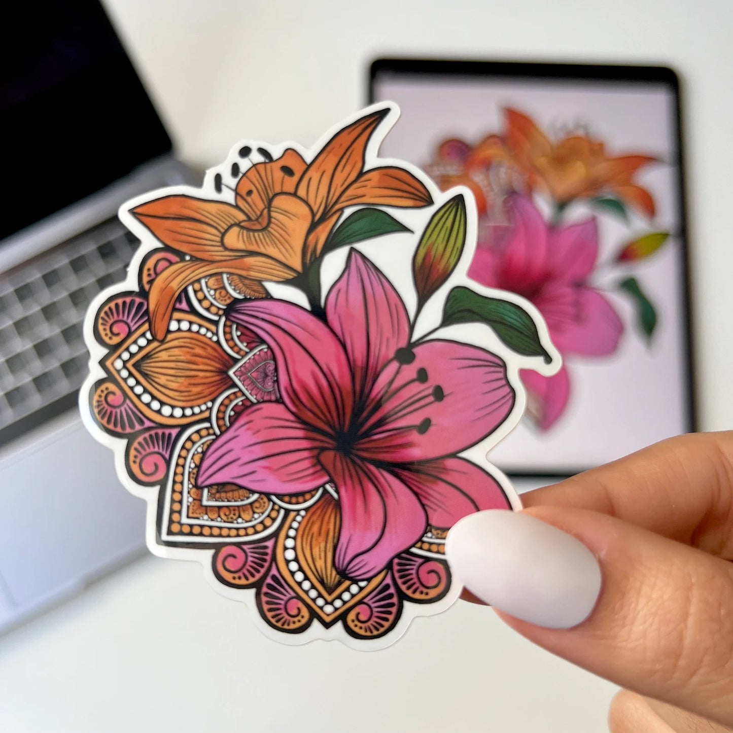 Lily Mandala Vinyl Sticker – Waterproof, Weatherproof